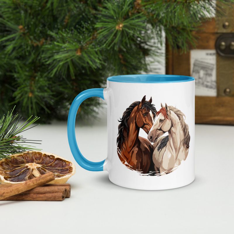 White Ceramic Mug with Color Inside, 11&amp;15oz, Horses nose-to-nose, jbgjpy