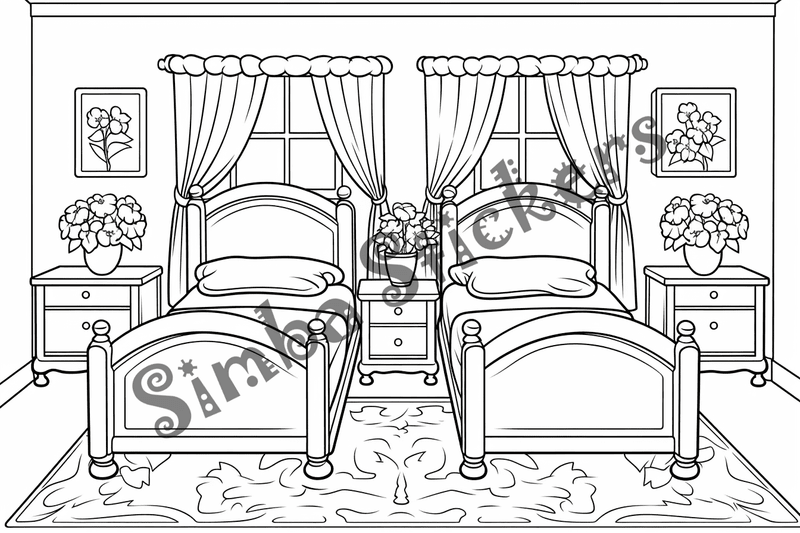 Colouring pages, bundle of house bedrooms, 25 images 2