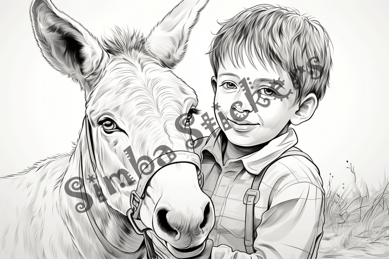 Colouring pages, bundle of donkeys with children, 25 images 2