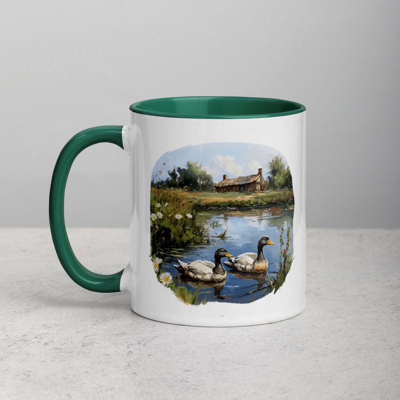 White Ceramic Mug with Color Inside, 11 &amp;15oz, Ducks in love swimming in farmhouse pond 