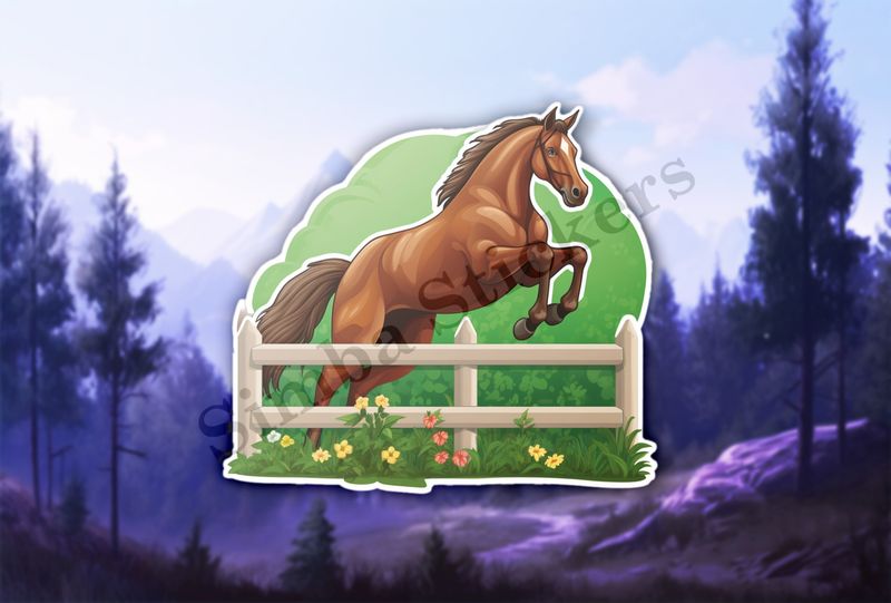 Brown horse jumping over a fence