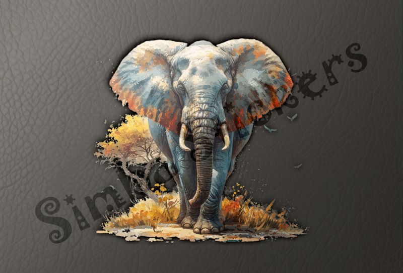 Elephant walking, birds flying in background, watercolour
