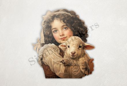 Cute lamb in the arms of Mediterranean girl with laced hair, vintage