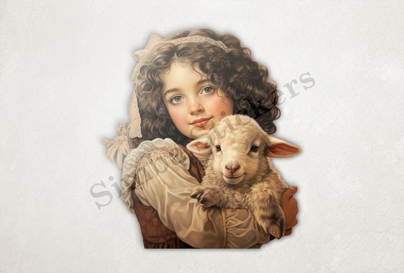 Cute lamb in the arms of Mediterranean girl with laced hair, vintage