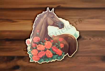 Brown horse behind roses