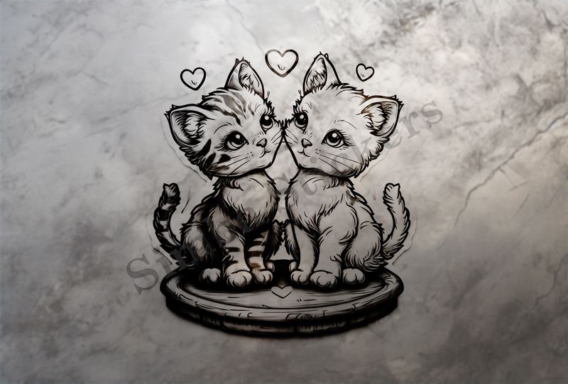 Cats in love, on wooden stand, outline art