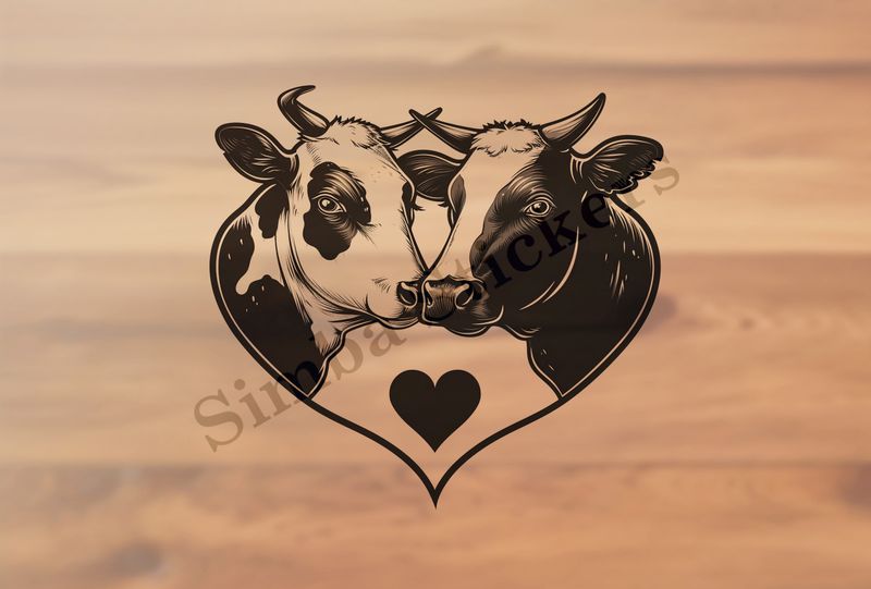 Bull and cow cheek-to-cheek, heart in picture, outline art