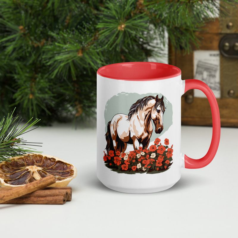 White Ceramic Mug with Color Inside, 11&amp;15oz, Brown horse in field of red flowers, n4w2fj
