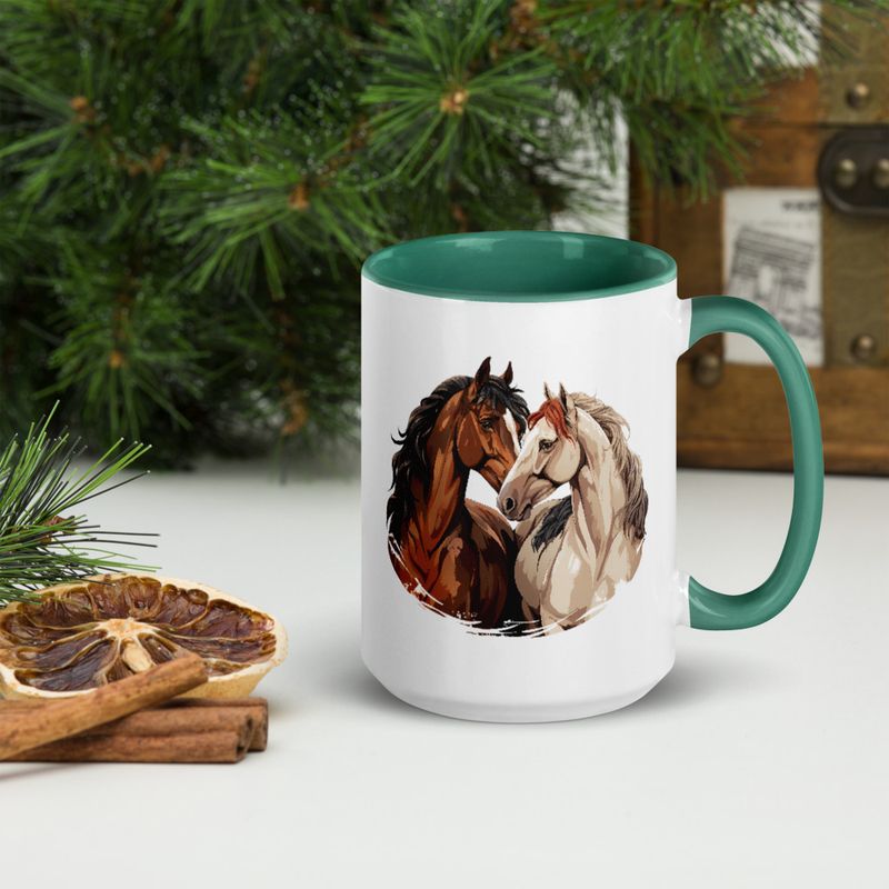 White Ceramic Mug with Color Inside, 11&amp;15oz, Horses nose-to-nose, jbgjpy