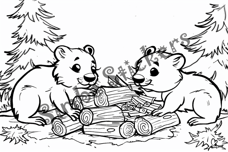 Colouring pages, bundle of beavers building beaver dam, 10 images