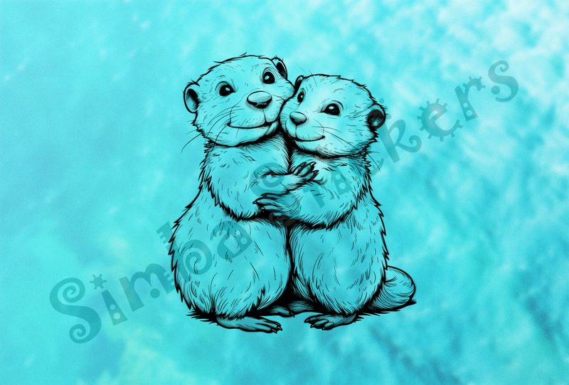 Beavers cuddling cheerfully in embrace, outline art