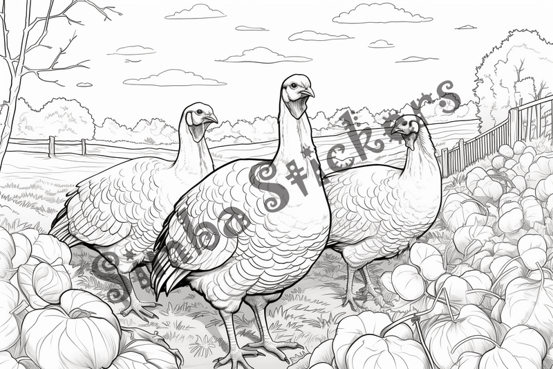 Colouring pages, bundle of turkeys on a farm, 25 images