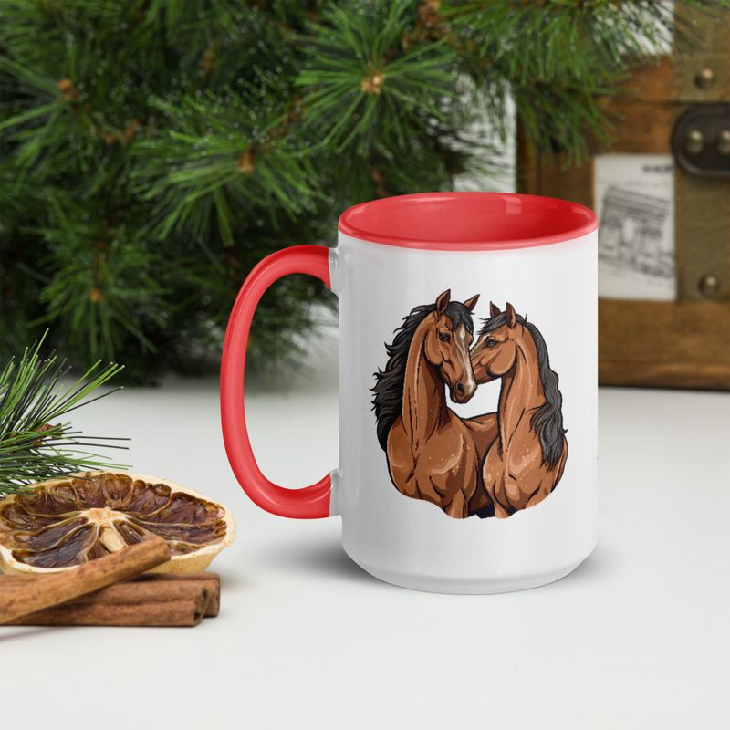 White Ceramic Mug with Color Inside, 11&amp;15oz, Two brown horses snuggling, tdwcyd