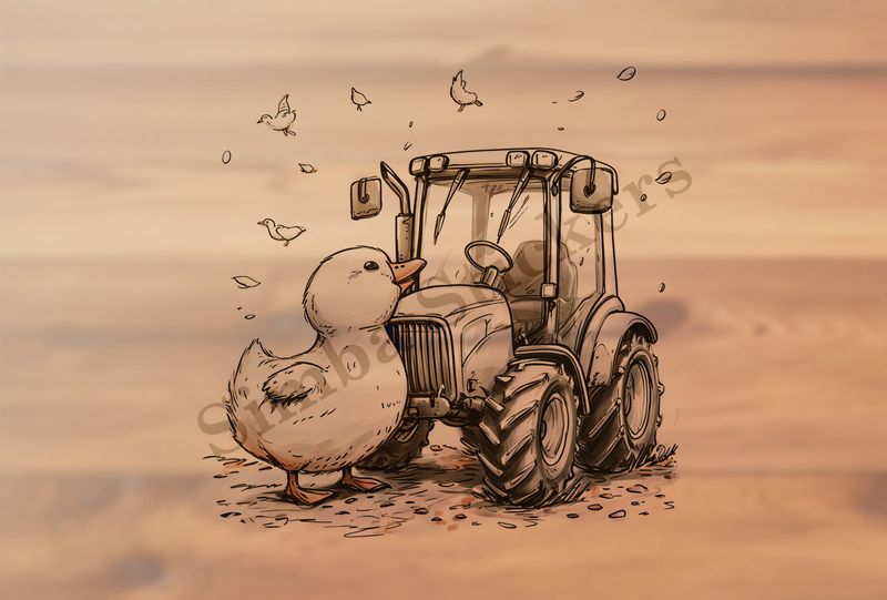 Duckling expressing love of farmer&#x27;s tractor, outline art