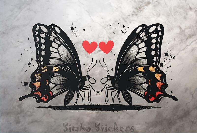 Butterflies in love Valentine&#x27;s hearts above, outline art, gnq1zp