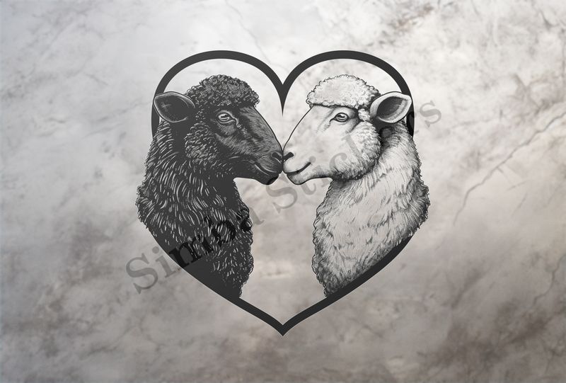Sheep in love, one white, one black, outline art