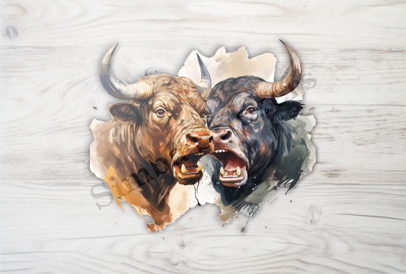Bulls facing up to each other, watercolour, dx5eff