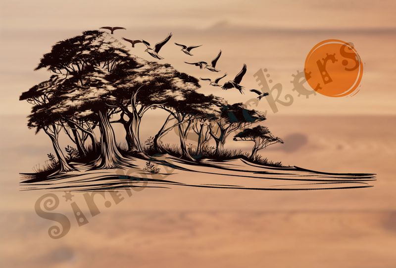 Equatorial Rainforest landscape, large sun at sunrise, outline art