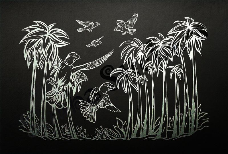 Equatorial Rainforest landscape, birds flapping, outline art