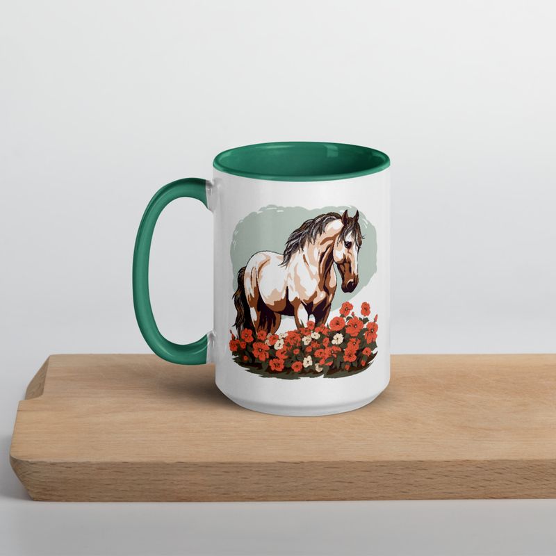 White Ceramic Mug with Color Inside, 11&amp;15oz, Brown horse in field of red flowers, n4w2fj