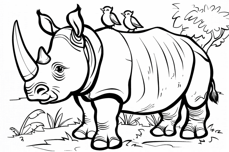 Colouring pages, bundle of rhinos with birds on back, 10 images
