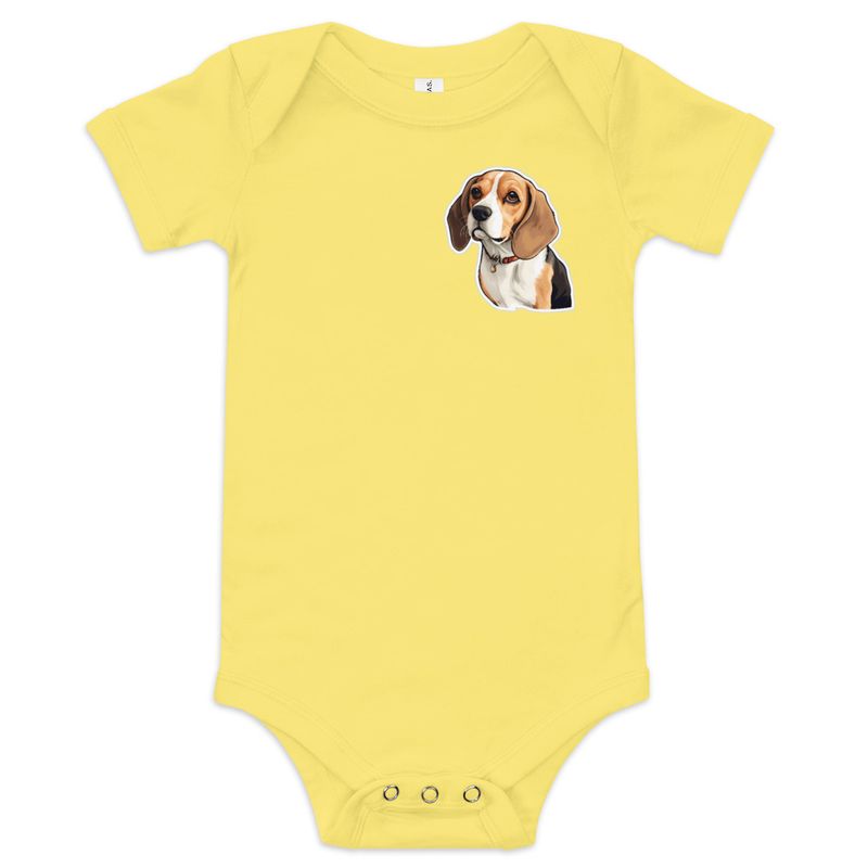 Baby Short Sleeve One Piece, 3-24 Months, Beagle dog with collar, left chest 