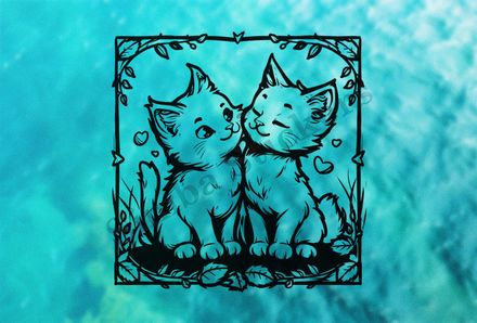 Cat kittens in love, framed, outline art
