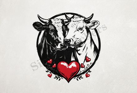 Bull and cow nose-to-nose , in circle, with hearts , outline art
