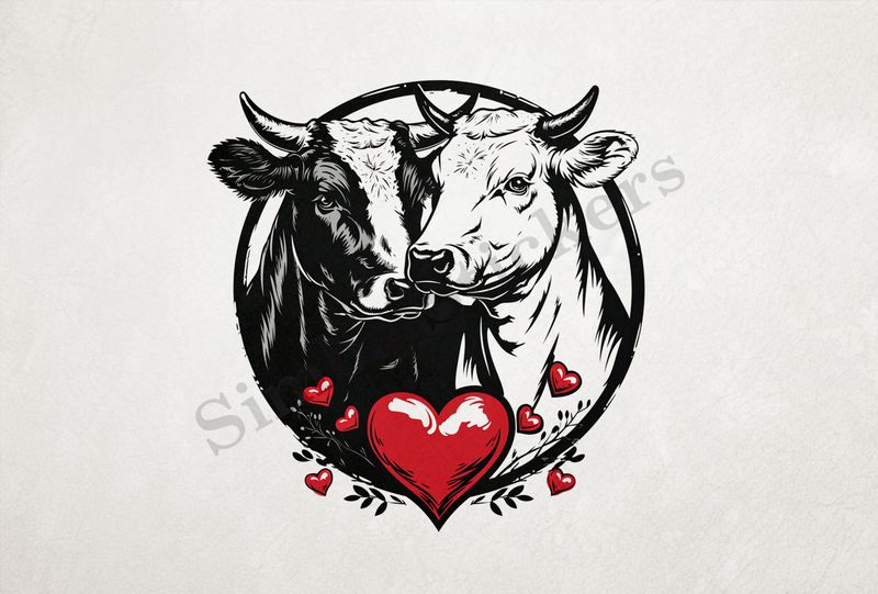 Bull and cow nose-to-nose , in circle, with hearts , outline art