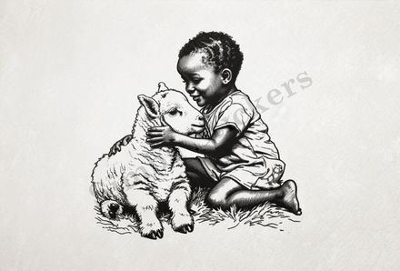 Lamb hugged by happy little boy of African origin, outline art