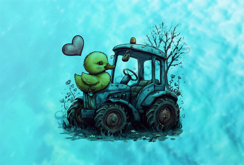 Duckling in love with farmer&#x27;s tractor