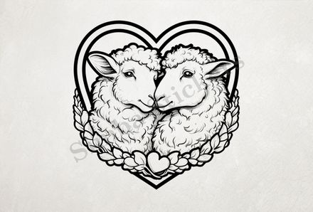 Sheep in love, under heart-shaped frame, outline art