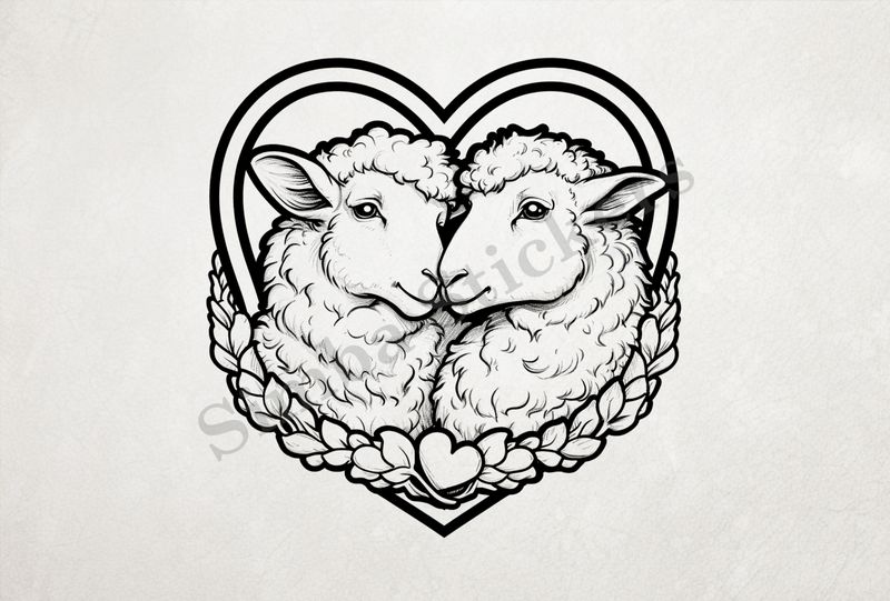 Sheep in love, under heart-shaped frame, outline art