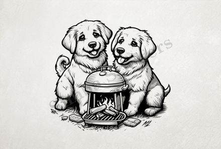 Dogs cuddling by a charcoal grill, outline art, dn8if9