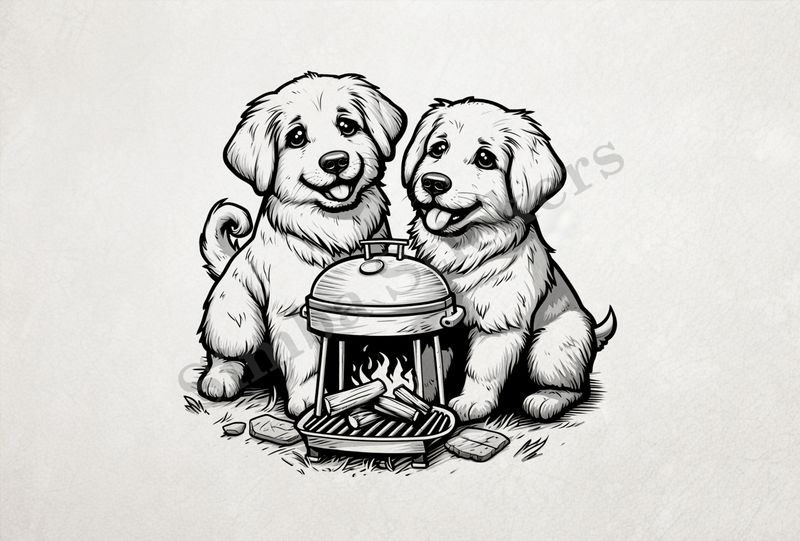 Dogs cuddling by a charcoal grill, outline art, dn8if9