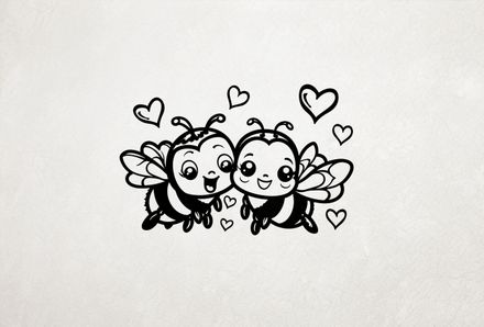 Happy bees in love cheek-to-cheek buzzing, romantic hearts above, outline art