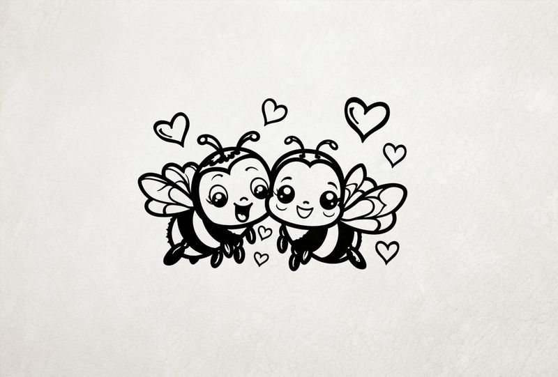 Happy bees in love cheek-to-cheek buzzing, romantic hearts above, outline art