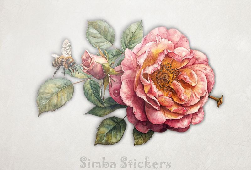 Bee approaching a pink rose flower