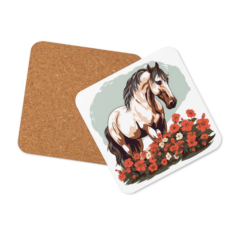 Cork-Back Coaster, Brown horse in field of red flowers, n4w2fj