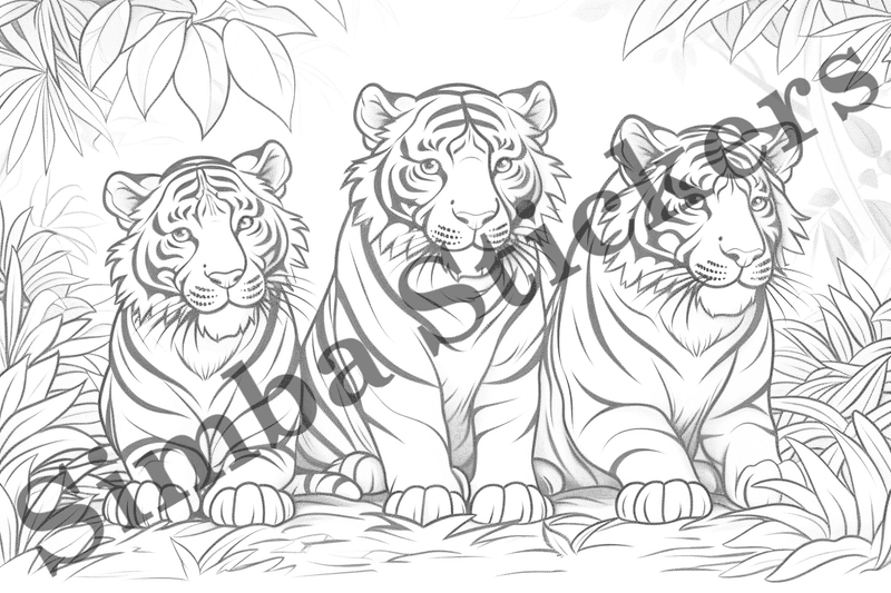 Colouring pages, bundle of tigers, family-oriented, 10 images