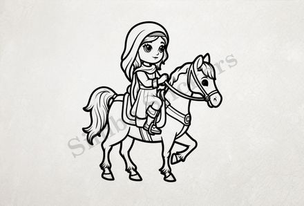 Horse being petted by a small Mediterranean girl, outline art