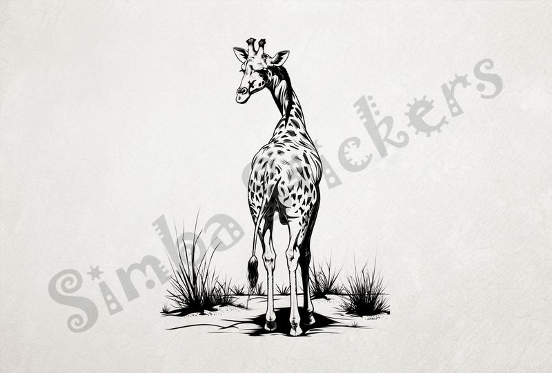 Giraffe from behind, head turned backwards to the left, outline art