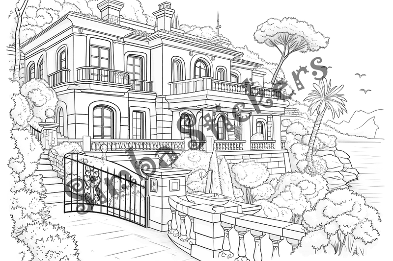 Colouring pages, bundle of houses overlooking the sea, 10 images