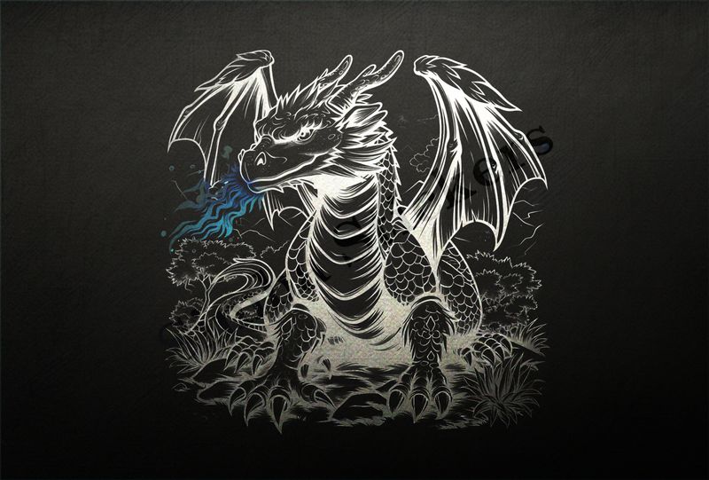 Dragon breathing fire, bushy background, wings outspread, outline art