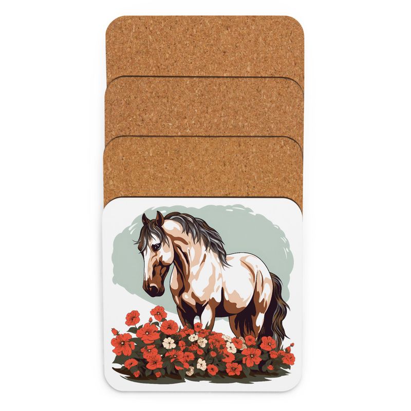 Cork-Back Coaster, Brown horse in field of red flowers, n4w2fj, mirrored