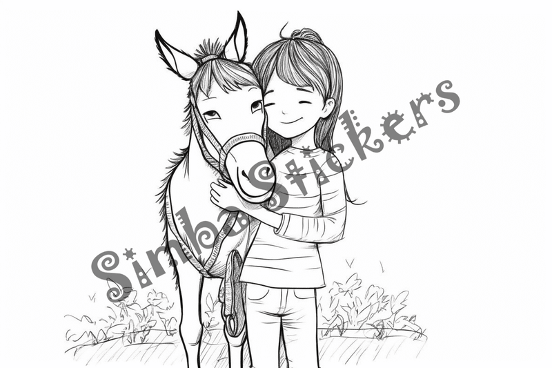 Colouring pages, bundle of mules hugged by child, 10 images