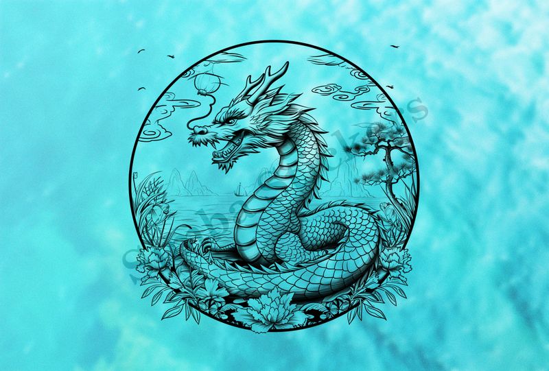 Chinese dragon on the edge of the sea, outline art