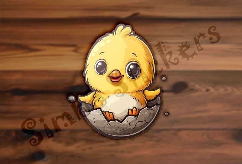 Chick happily resting and waving in eggshell on hatchday