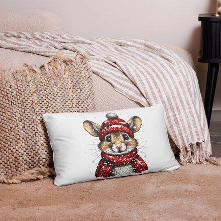 Pillow case 20x12, Mouse wearing red winter hat and scarf in the snow, xg8dl3