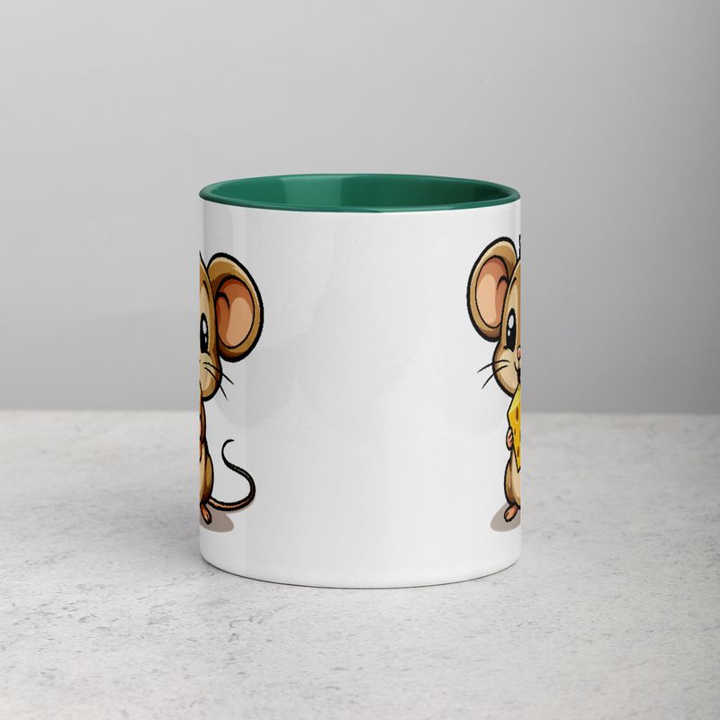 White Ceramic Mug with Color Inside,11&amp;15oz,Small Mouse happily licking large chunk of cheese,pqapy6